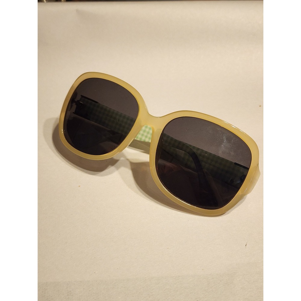 Isaac Mizrahi Square Sunglasses Tan Green Gingham Pattern Gold Tone Accents